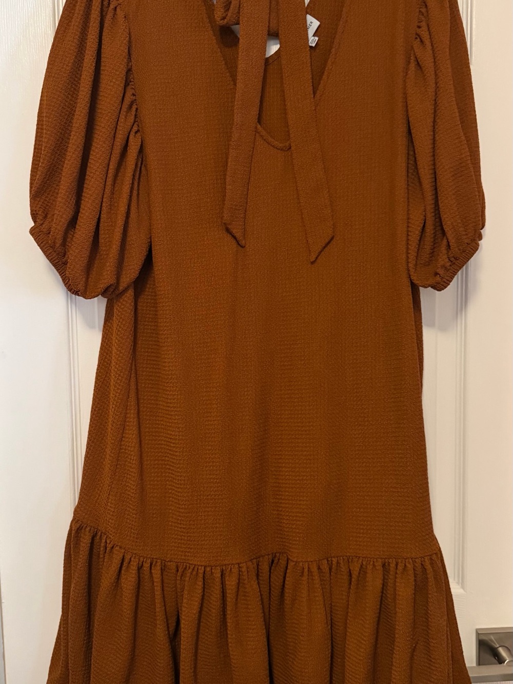 Gibson Latimer Burnt Orange Tie-Neck Puff Sleeve Midi Dress